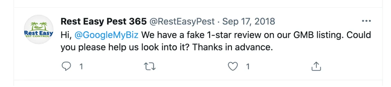contacting google my business twitter account to remove a fake review from Google