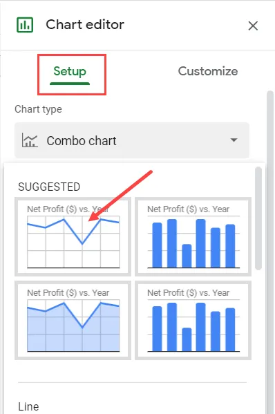 In the setup tab, click on the line chart option in the drop down