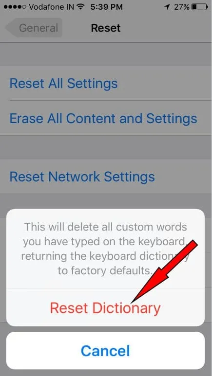 keyboard dictionary to factory settings